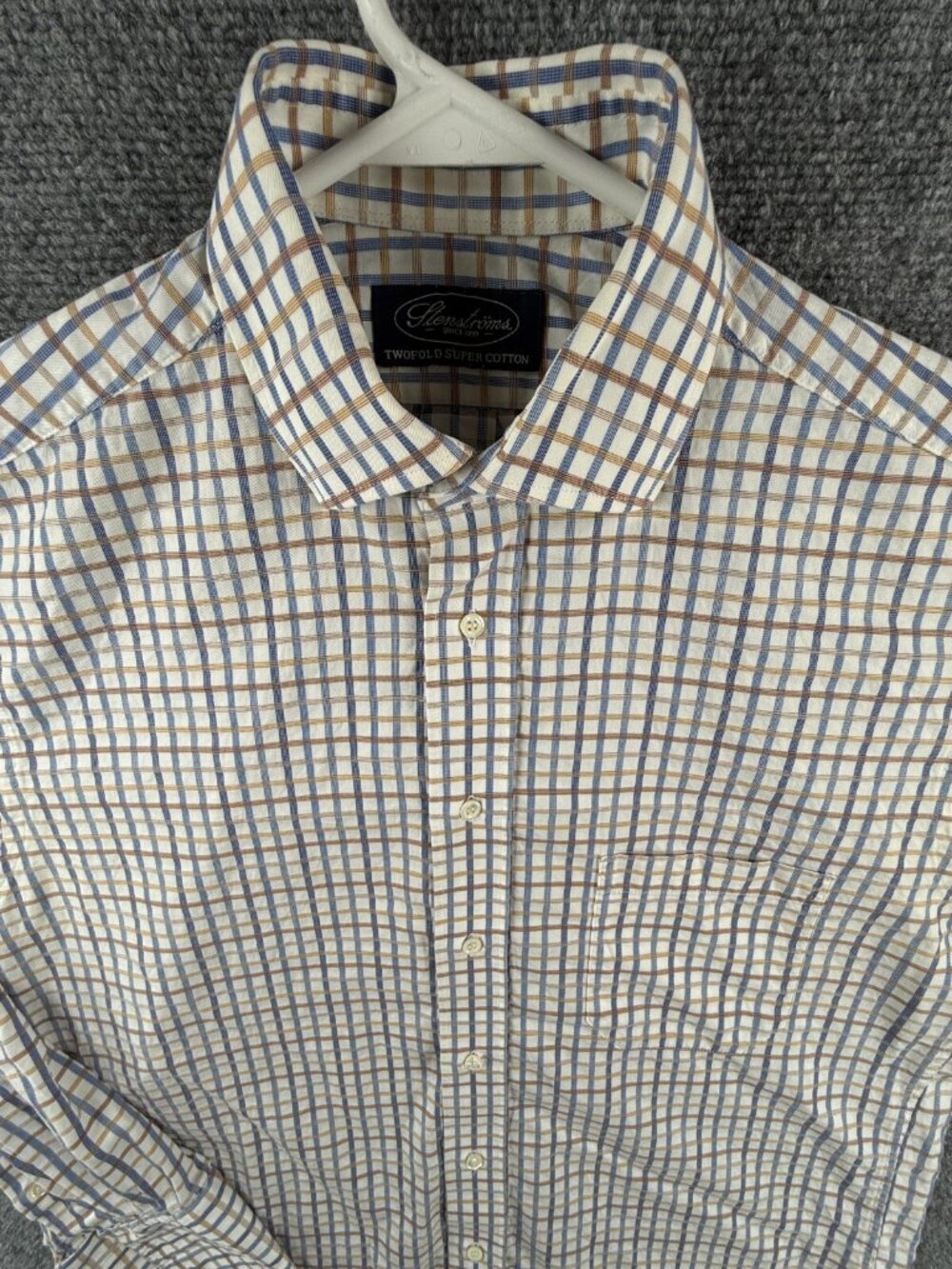 STENSTROMS Long Sleeve Button Up Shirt Blue Brown Check Size 40 Twofold Cotton